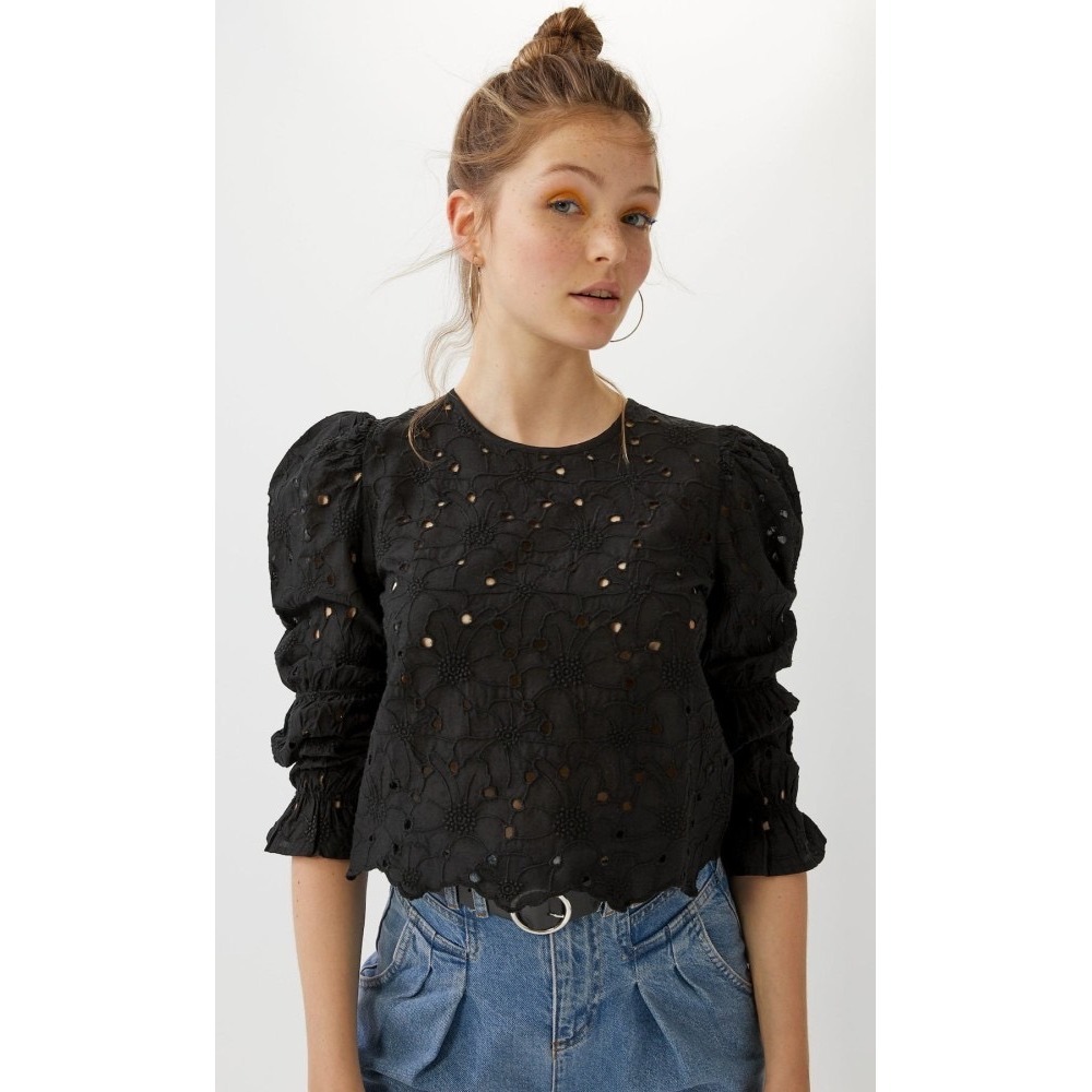 NWT Stradivarius Black Eyelet Embroidered Puff Sleeve Blouse Top 2209/853/001 Sm